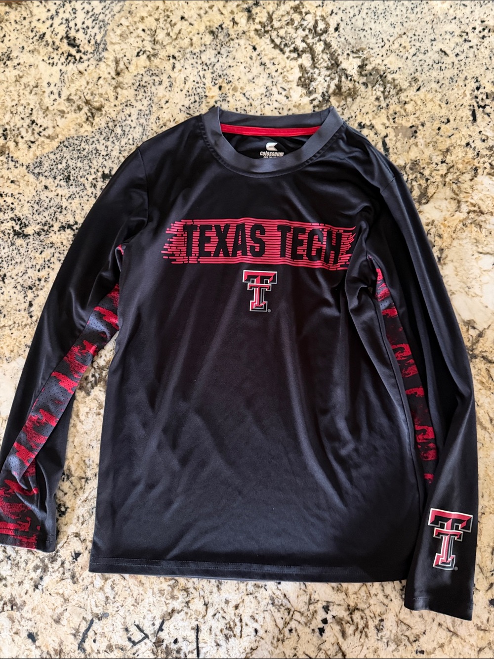 Colosseum Black Tee with Red Texas Tech Graphics